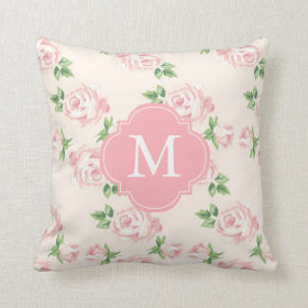 Pink Vintage Roses Pattern Monogrammed Throw Pillow