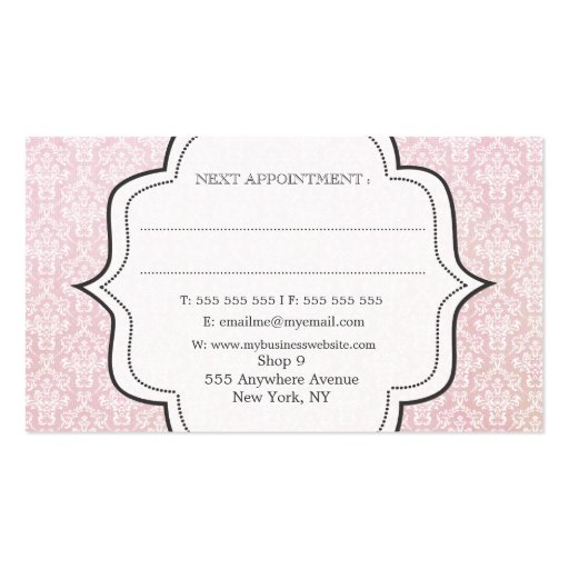 Pink Vintage Victorian Damask Hair Stylist Fashion Business Card Templates (back side)