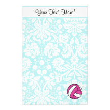 Pink Volleyball; Damask Pattern Custom Stationery