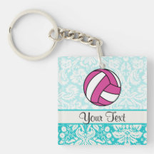 Pink Volleyball; Damask Pattern Square Acrylic Keychains