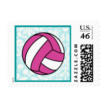 Pink Volleyball; Damask Pattern Postage