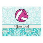 Pink Volleyball; Damask Pattern Postcard