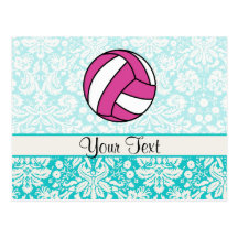Pink Volleyball; Damask Pattern Postcard
