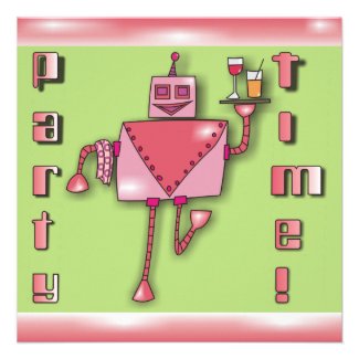 Pink Waiter Robot with Tray of Drinks Party Invite
