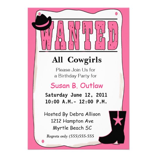 Pink Wanted Poster Birthday Invitation