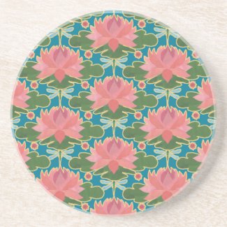 Pink Water Lilies and Dragonflies Drinks Coaster