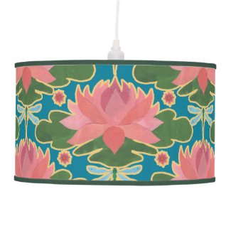 Pink Water Lilies and Dragonflies Pendant Lamp