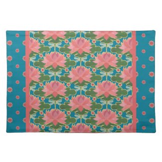 Pink Water Lilies, Blue Dragonflies Cloth Placemat