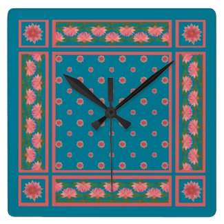 Pink Water Lilies on Deep Blue Square Wall Clock