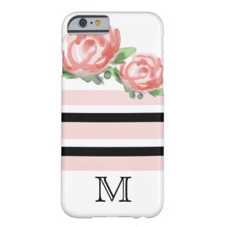 Pink Watercolor Flowers Stripe Pattern Monogram Barely There iPhone 6 Case