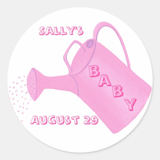 Pink watering can, baby shower stickers Zazzle