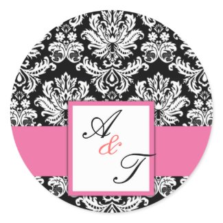 Pink Wedding Monogram Damask Seal sticker