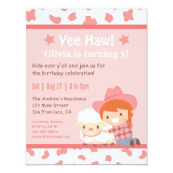 Pink Western Cowgirl Farm Kids Birthday Party 4.25" X 5.5" Invitation Card