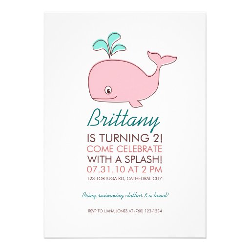 Pink Whale Birthday Party Custom Announcement