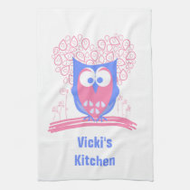 Pink Whimsical Cute Owl Kitchen Tea Towel kitchen towels