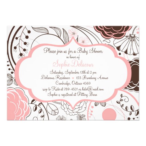 Pink Whimsical Flowers Baby Shower Invitations