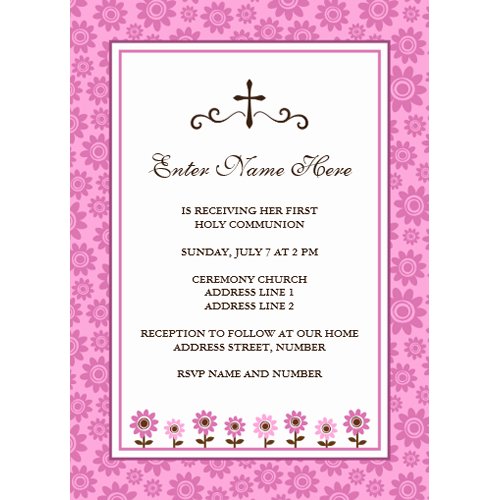 Pink whimsical flowers first communion invite invitations