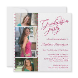 Pink white 3 photo graduation party announcement