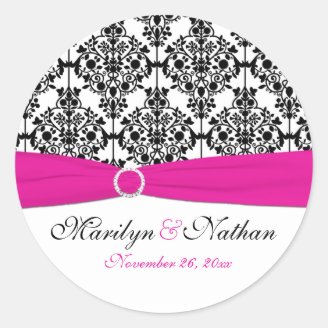 Pink, White, and Black Damask 1.5" Round Sticker
