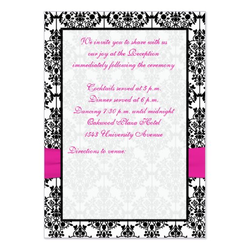 Pink, White and Black Damask Reception Card Business Card Templates (back side)