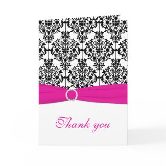 Pink, White and Black Damask Thank You Card card