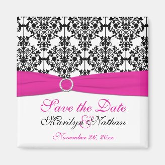 Pink, White, and Black Damask Wedding Favor Magnet