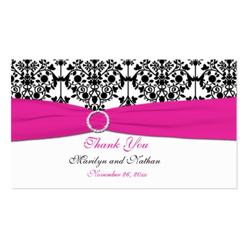 Pink, White and Black Damask Wedding Favor Tag Business Card (front side)