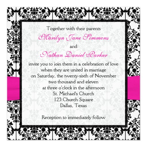 Pink, White, and Black Damask Wedding Invitation 2