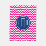 Bold and stylish Hot Pink White And dark navy Blue Monogram Chevron Zigzag Pattern Fleece Blanket