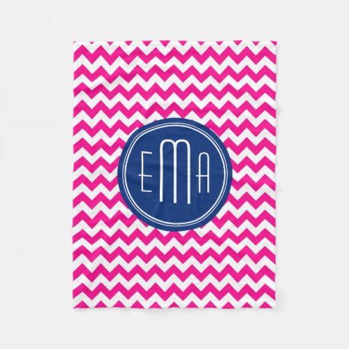 Pink White And Blue Monogram Chevron Pattern Fleece Blanket