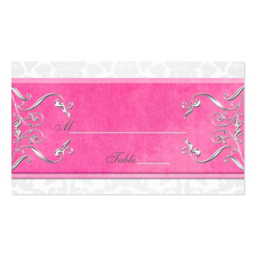 Pink, White, and Gray Damask Placecards Business Cards (front side)