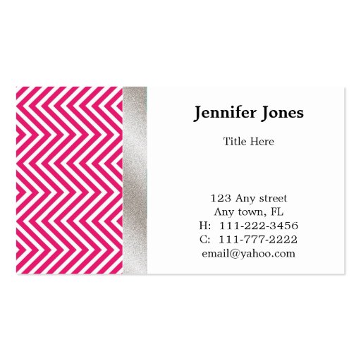 Pink, White, and Silver Chevron Business Card (front side)