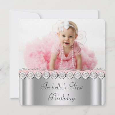 Baby  Birthday Theme on Pink White Baby Girl Photo First Birthday Party Invitations From