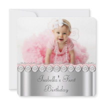 Pink White Baby Girl Photo First Birthday Party Invitations