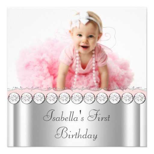 Pink White Baby Girl Photo First Birthday Party Invitations