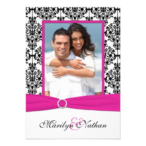 Pink, White, & Black Damask Photo Wedding Invite (front side)