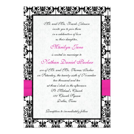 Pink, White, Black Damask Wedding Invitation