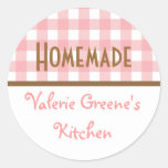 Pink white brown gingham homemade food label seal round sticker