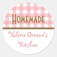 Pink white brown gingham homemade food label seal round sticker