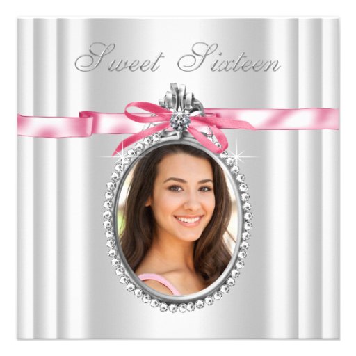 Pink White Cameo Photo Sweet 16 Birthday Party Personalized Announcements
