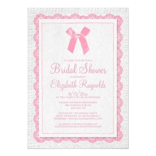 Pink White Country Burlap Bridal Shower Invitation