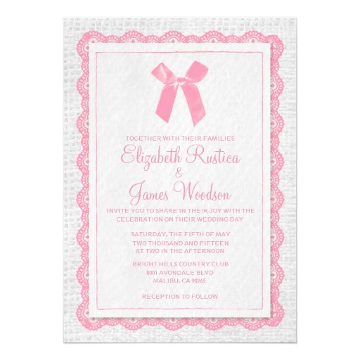 Pink & White Country Burlap Wedding Invitations