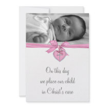 Pink White Cross Baby Girl Photo Christening Invitations
