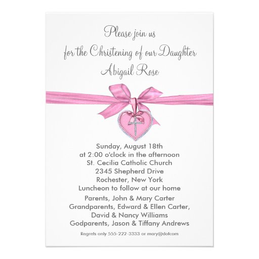 Pink White Cross Baby Girl Photo Christening Invitations