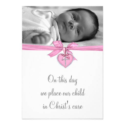Pink White Cross Baby Girl Photo Christening Invitations