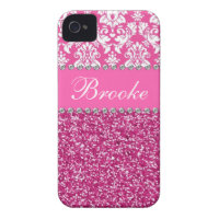 Pink & White Damask & Glitter Rhinestone Case Case-Mate iPhone 4 Case