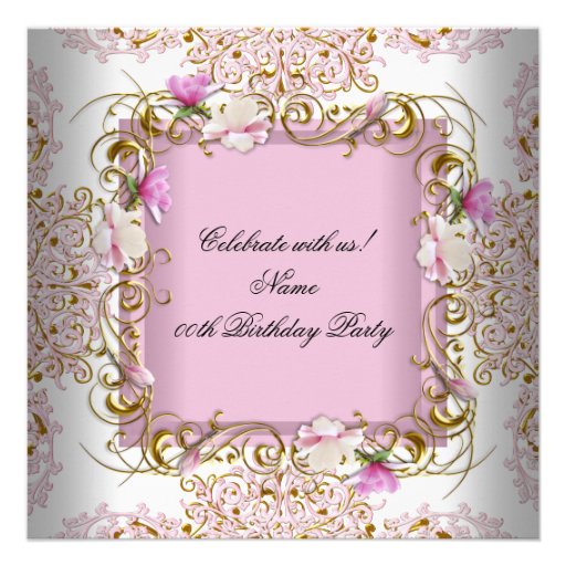 Pink White Damask Gold Flowers Birthday Party Custom Announcement