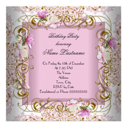 Pink White Damask Gold Flowers Birthday Party Custom Announcement