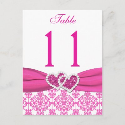 Pink, White Damask Joined Hearts Table Number Postcard