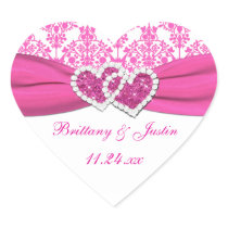 Pink, White Damask Joined Hearts Wedding Sticker